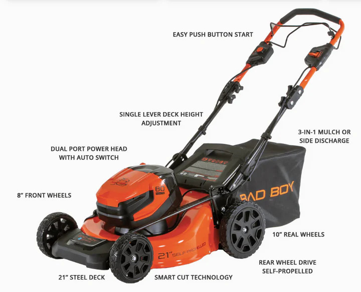 Bad Boy 80V Series 21-inch self-propelled lawn mower with dual port power head, single lever deck he…